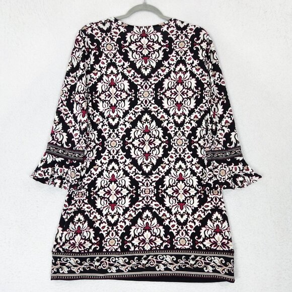 WHBM Dress Womens Medium Black Pink Damask Bell Long Sleeve Mini Shift Casual - Picture 9 of 10